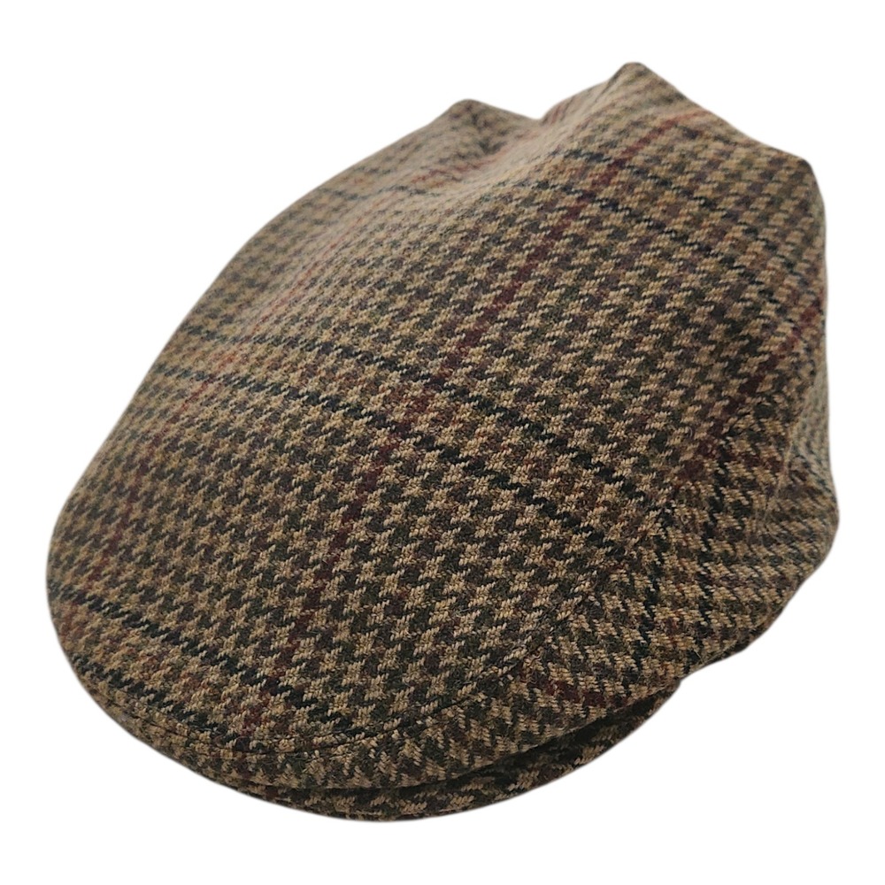 Hunters Brora 100% Wool Flat Cap UK Made‎ Brown Houndstooth Plaid Hat Size 7 57
